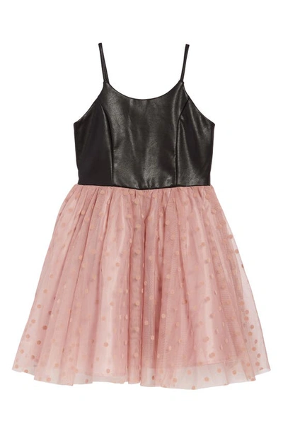Zunie Kids' Faux Leather & Tulle Dress In Black/ Blush