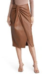 Open Edit Wrap Front Faux Leather Midi Skirt In Brown Toffee