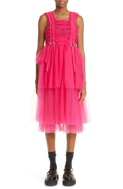 Noir Kei Ninomiya Ruffle-trimmed Tulle Midi Dress In Pink,fuchsia