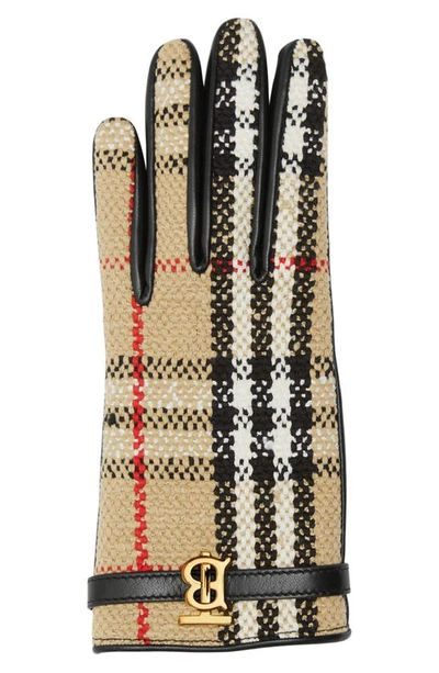 Burberry Checked Cotton-blend Tweed And Leather Gloves In Archive Beige