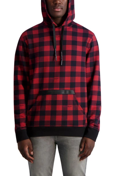 Karl Lagerfeld Script Logo Buffalo Check Cotton Hoodie In Red