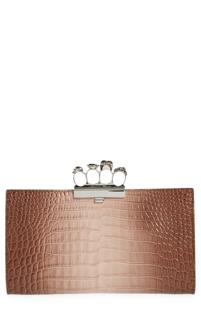 Alexander Mcqueen Jewelled Four-ring Flat Pouch Ombré Croc Embossed Leather Clutch In Light Pink