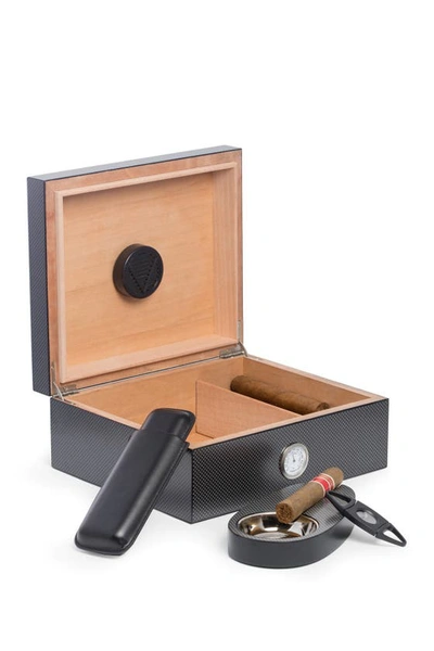 Bey-berk Carbon Fiber Cigar Humidor & Accessories Set In Brown