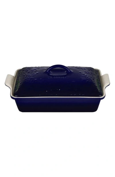 Le Creuset Indigo Embossed Lid Heritage Covered Casserole Baking Dish With $14 Credit In Nocolor