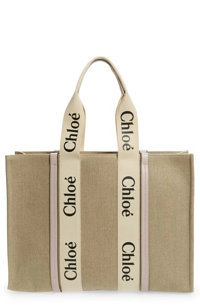 Chloé Large Woody Linen Tote In Misty Lavender