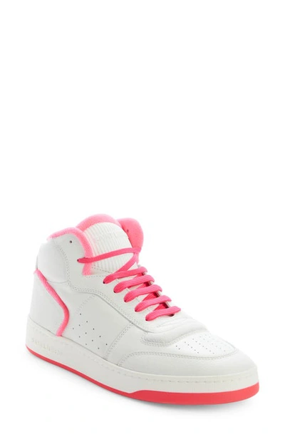 Saint Laurent Men's Sl 80 Mid-top Sneakers In Smooth And Grained Leather In Optic White,fluo Pink