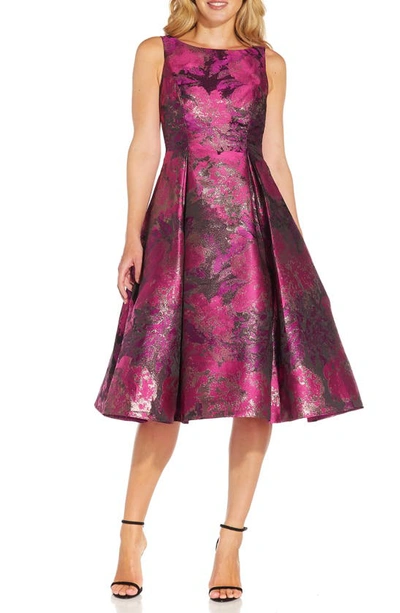 Adrianna Papell Petites Womens Jacquard Metallic Fit & Flare Dress In Magenta/orchid Multi