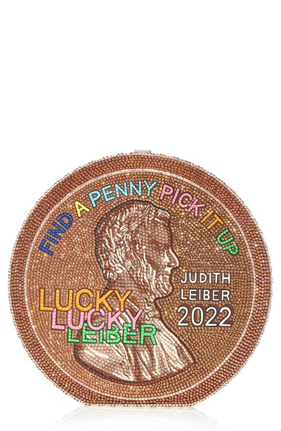 Judith Leiber Lucky Penny Disc Clutch In Silver Copper Multi