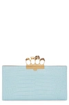 Alexander Mcqueen Four-ring Knuckle Clasp Croc Embossed Leather Clutch In Pale Blue