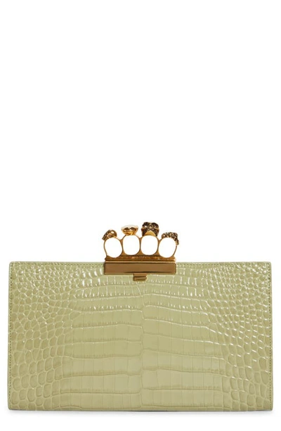 Alexander Mcqueen Four-ring Knuckle Clasp Croc Embossed Leather Clutch In Sage