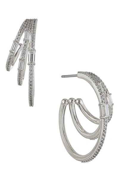 Nadri Key Item Pave & Baguette Cubic Zirconia Triple Row Hoop Earrings In Silver