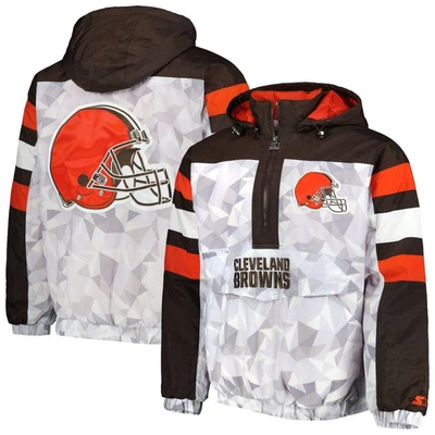 Starter Men's  White, Brown Cleveland Browns Thursday Night Gridiron Raglan Half-zip Hooded Jacket In White,brown