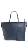 Royce New York Pebble Grain Leather Wide Tote In Navy Blue