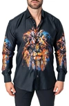 Maceoo Fibonacci Lion Ink Regular Fit Cotton Button-up Shirt In Black