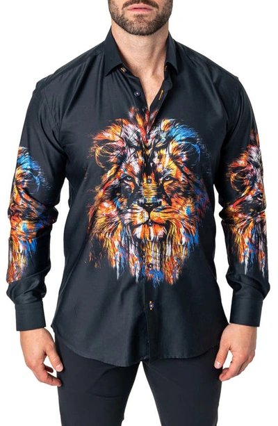 Maceoo Fibonacci Lion Ink Regular Fit Cotton Button-up Shirt In Black