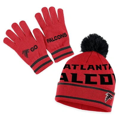 Wear By Erin Andrews Red Atlanta Falcons Double Jacquard Cuffed Knit Hat With Pom And Gloves Set