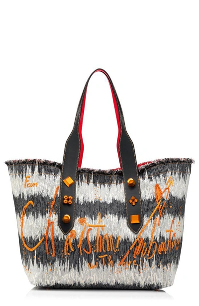 Christian Louboutin Frangibus Medium Leather-trimmed Embroidered Canvas Tote In Denim