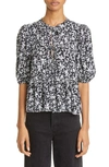 Ganni Printed Crepe Peplum Viscose Blouse In Black