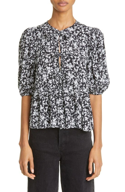 Ganni Printed Crepe Peplum Viscose Blouse In Black