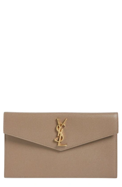 Saint Laurent Medium Uptown Monogram Leather Clutch In Taupe