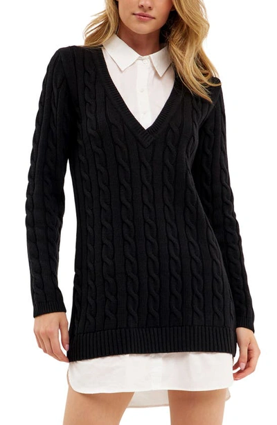 English Factory Mixed Media Cable Knit Sweater Dress In Black
