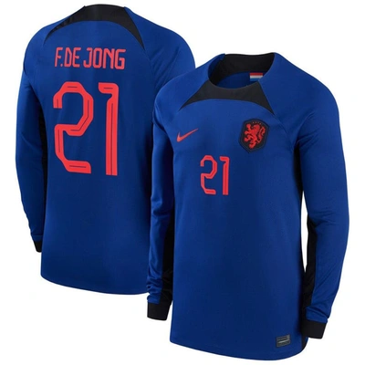 Nike Netherlands National Team 2022/23 Stadium Away (frenkie De Jong)  Men's Dri-fit Long-sleeve Soccer J In Blue