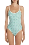 Moncler Stretch Nylon One-piece Swimsuit With All-over Logo In Green Multi