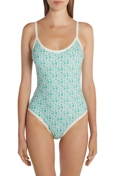 Moncler Stretch Nylon One-piece Swimsuit With All-over Logo In Blue