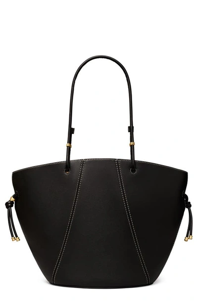 Tory Burch Spaghetti Strap Leather Tote In Black/silver