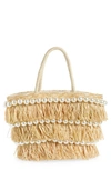 BTB LOS ANGELES OLIVIA RAFFIA FRINGE & IMITATION PEARL TOTE