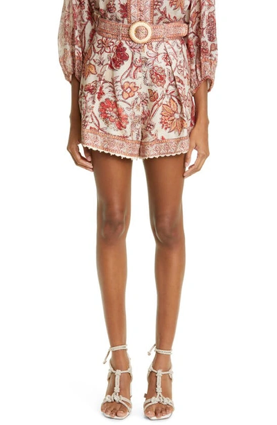 Zimmermann Vitali Trimmed Tuck Belted Shorts In Rosso