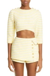 Zimmermann High Tide Cropped Button-embellished Striped Cotton-blend Top In Yellow/ Cream Stripe