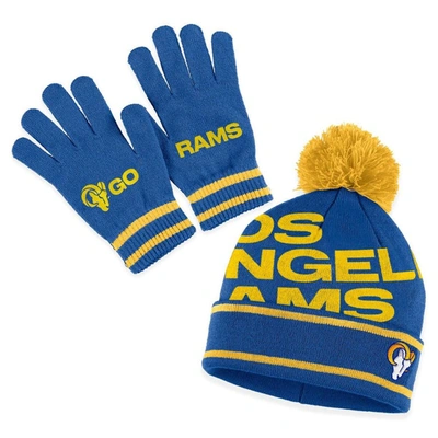 Wear By Erin Andrews Royal Los Angeles Rams Double Jacquard Cuffed Knit Hat With Pom And Gloves Set