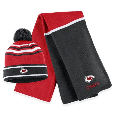 WEAR BY ERIN ANDREWS WEAR BY ERIN ANDREWS RED KANSAS CITY CHIEFS COLORBLOCK CUFFED KNIT HAT WITH POM AND SCARF SET