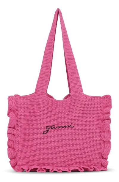 Ganni Cotton Crochet Ruffle Tote Bag In Shocking Pink