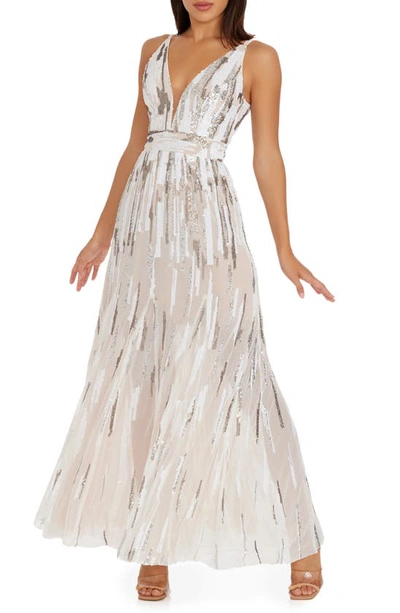 Dress The Population Samira V-neck Sequin Gown In White