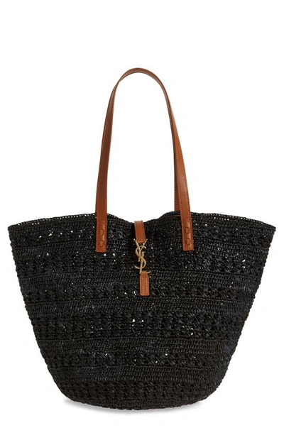 Saint Laurent Panier Medium Raffia Ysl Tote Bag In Black