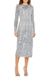 Mac Duggal Bead & Sequin Long Sleeve Sheath Gown In Platinum