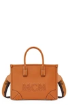 Mcm Mini Tonal Logo Leather Tote Bag In Cognac/gold