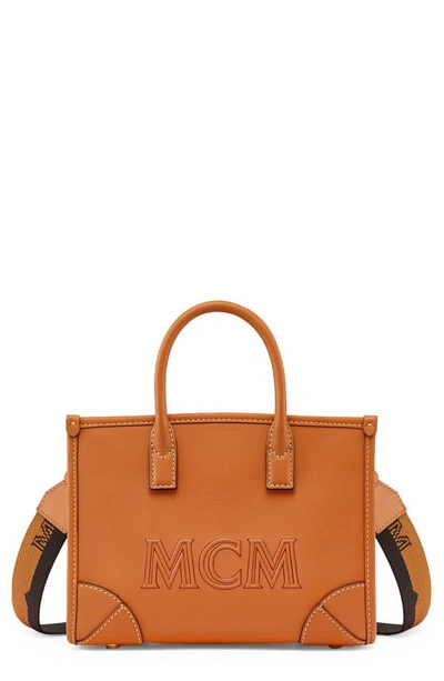 Mcm Mini Tonal Logo Leather Tote Bag In Cognac/gold