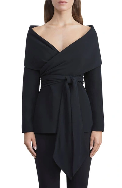 Lafayette 148 Portrait Collar Crepe Wrap Jacket In Black