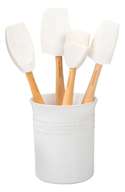 Le Creuset 5 Piece Utensil Set With Stoneware Utensil Crock In White