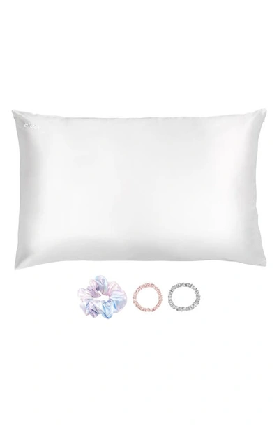 Blissy Pure Sleep Silk Pillowcase & Scrunchie Set In White/ Multi