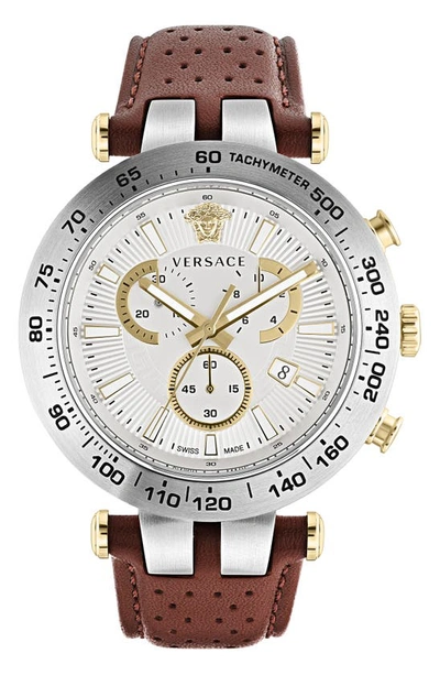 Versace Men's Bold Chronograph Perforated Leather Watch, 46mm In White/brown