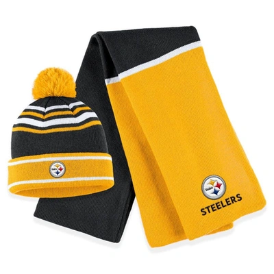 WEAR BY ERIN ANDREWS WEAR BY ERIN ANDREWS BLACK PITTSBURGH STEELERS COLORBLOCK CUFFED KNIT HAT WITH POM AND SCARF SET