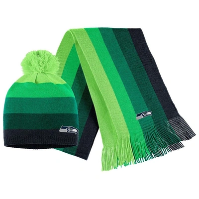 WEAR BY ERIN ANDREWS WEAR BY ERIN ANDREWS NEON GREEN SEATTLE SEAHAWKS OMBRE POM KNIT HAT AND SCARF SET