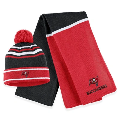 WEAR BY ERIN ANDREWS WEAR BY ERIN ANDREWS RED TAMPA BAY BUCCANEERS COLORBLOCK CUFFED KNIT HAT WITH POM AND SCARF SET