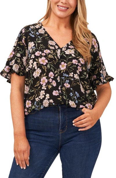Cece Cascading Floral Ruffle Sleeve Crepe Blouse In Rich Black Floral