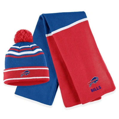 WEAR BY ERIN ANDREWS WEAR BY ERIN ANDREWS ROYAL BUFFALO BILLS COLORBLOCK CUFFED KNIT HAT WITH POM AND SCARF SET
