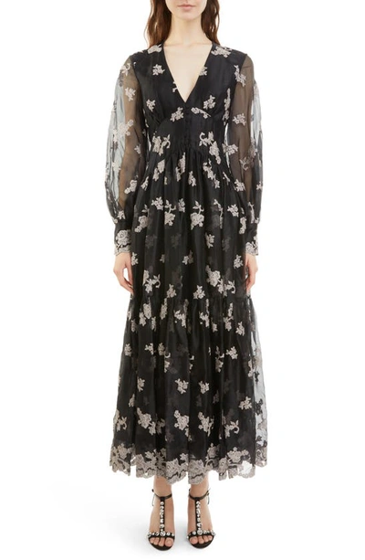 Erdem Tabetha Floral-embroidered Silk Maxi Dress In Black